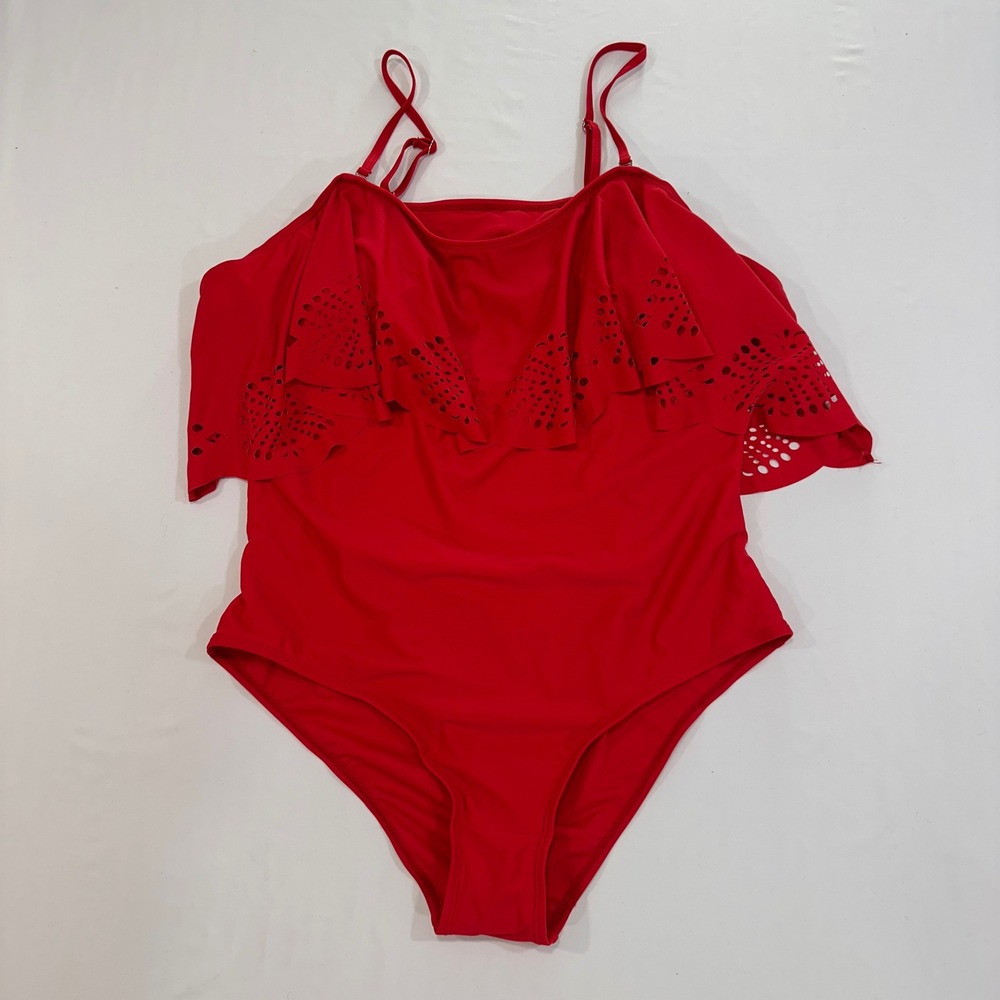 Chic Soul Eyelet Ruffle One Piece Swimsuit Womens 3XL‎ Red Laser Cut | Coquette